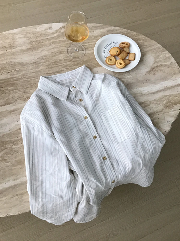 Colorfaith BL9736 New 2023 Lady Shirts Striped Vintage Korean Fashion Elegant Women Spring Summer Office Blouses Chic Wild Tops