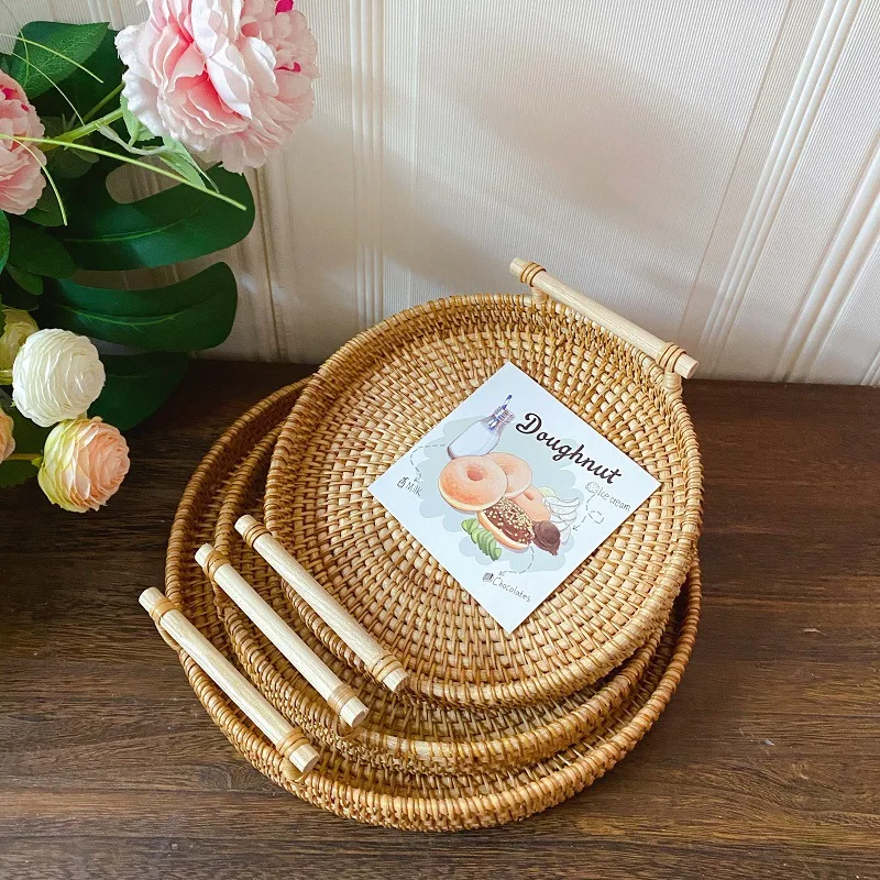 Vietnam Rattan Small Round Basket Vintage Pastoral Snack Fruit Storage Tray