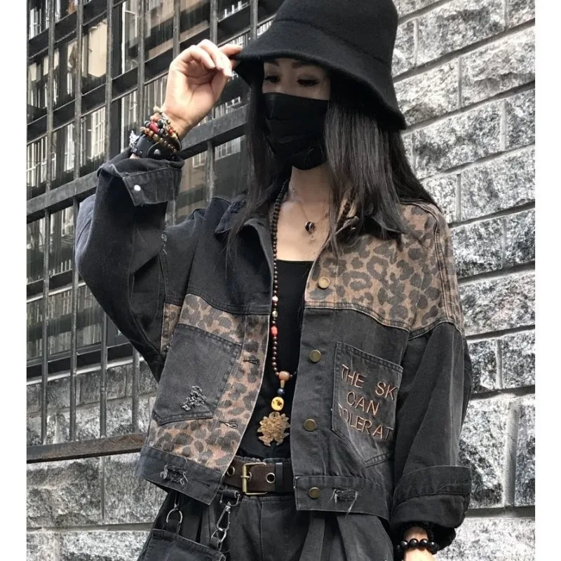Herbst Neue Leopard Print Denim Jacke Stickerei Löcher Tun Alte Kurze Jacke frauen Trend