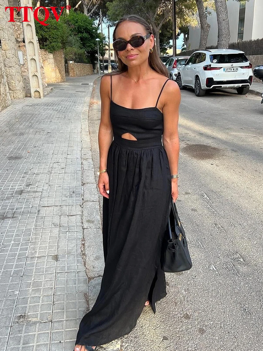 TTQV Robe Femme Élégante et Sexy en Coton Noir, Coupe Ample, Bretelles, Sans Manches, Longueur Cheville, Évidée, Collection Été 2024
