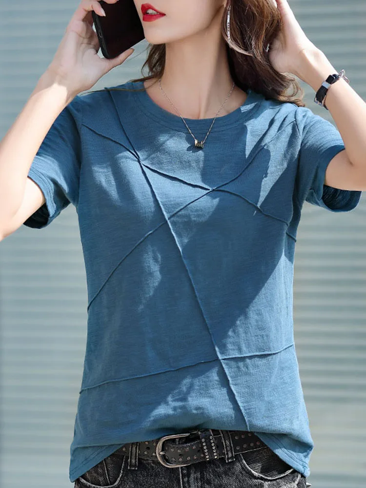 Summer Slim Cotton Bamboo T-Shirts Women 2024 O-Neck Short Sleeve Ribbed Tshirts Female Casual Solid Color Tops