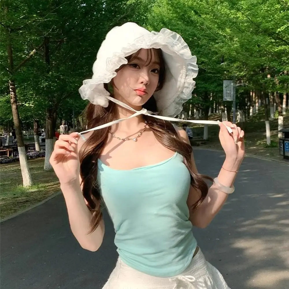 

Foldable Summer Lace Bucket Hat Lolita Thin Fisherman Hat White Wide Brim Visor Basin Cap Women