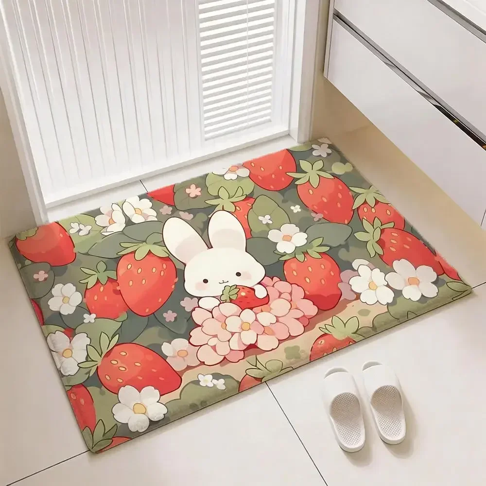 strawberry rabbit Floor Mat Soft Thickened Flannel Door Mat Non-Slip Living Room Rug Home Decor
