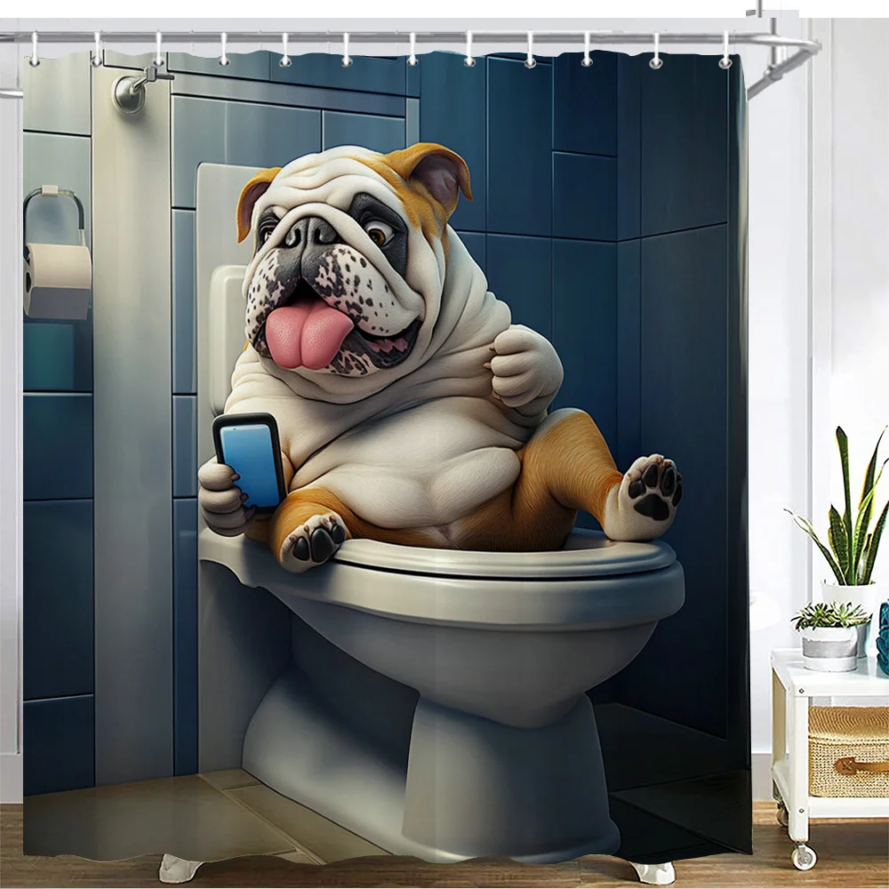Whimsy Funny English Bulldog Sitting On Toilet Scrolling On Cell Phone Bathroom Scene Flannel Throw Blanket Light Warm Plush