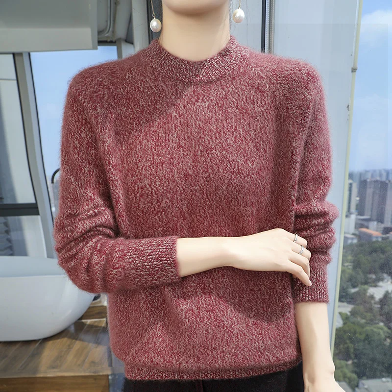 100% Mink Cashmere Autumn And Winter New Pullover Long-Sleeved Round Neck Warm Base Shirt Style Match Color Casual Knitted Top