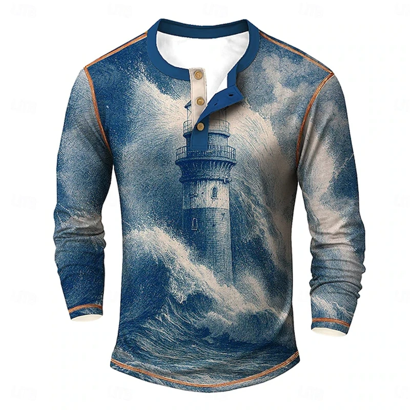 Vintage Nautical Men's Henley-Neck Long-Sleeve Top With Retro Sketch Lighthouse And Waves Print—Fall Casual T-Shirt