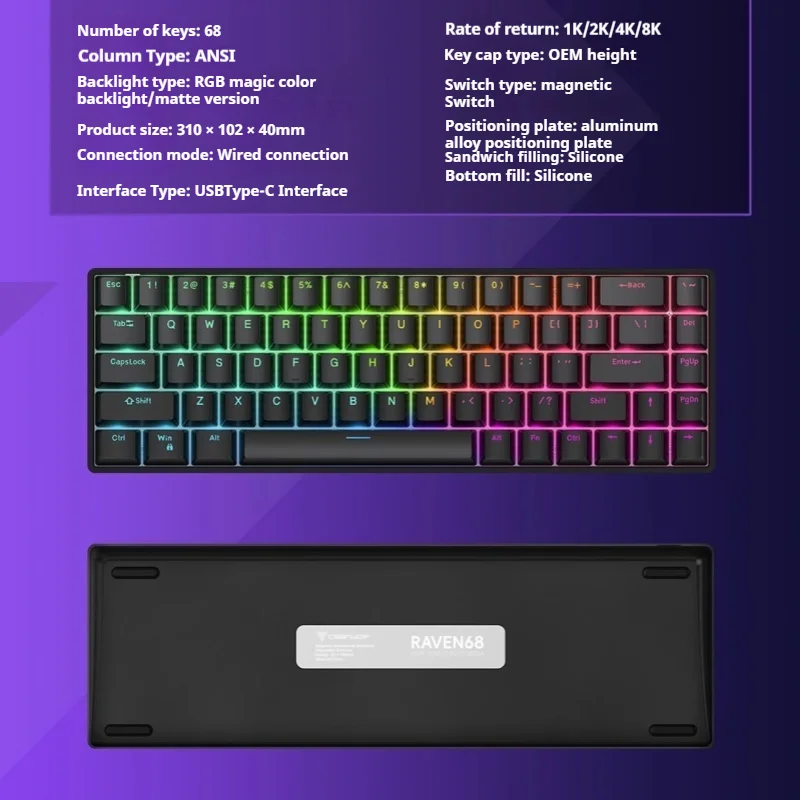 Teamwolf Raven68 Mechanical keyboard Magnetic Switch Wired 68keys 8k Gamer Keyboard Hot Swap RGB FPS Gaming Keyboards