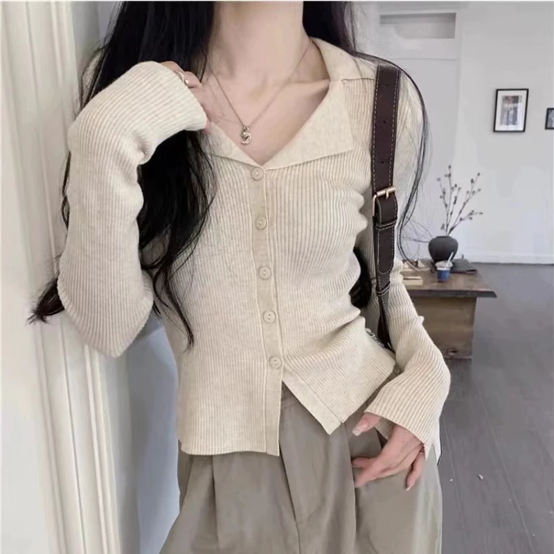 

Zoki Korean Chic V Neck Knitted Cardigan Women Fashion Spring Autumn Solid Lapel Sweater Female Harajuku Long Sleeve Jumper Tops