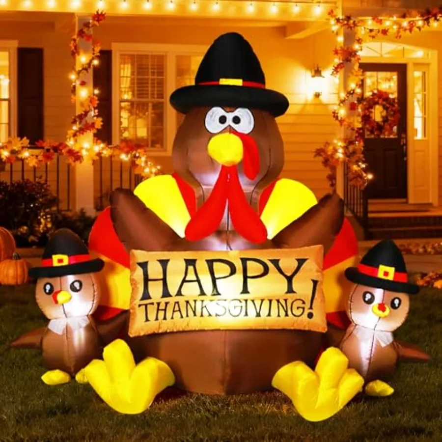 

6Feet Height Happy Thanksgiving Flat LED Lighted Blow Up Outdoor Lawn Yard Decoration, PVC Material, Warm White, Weather-Resist