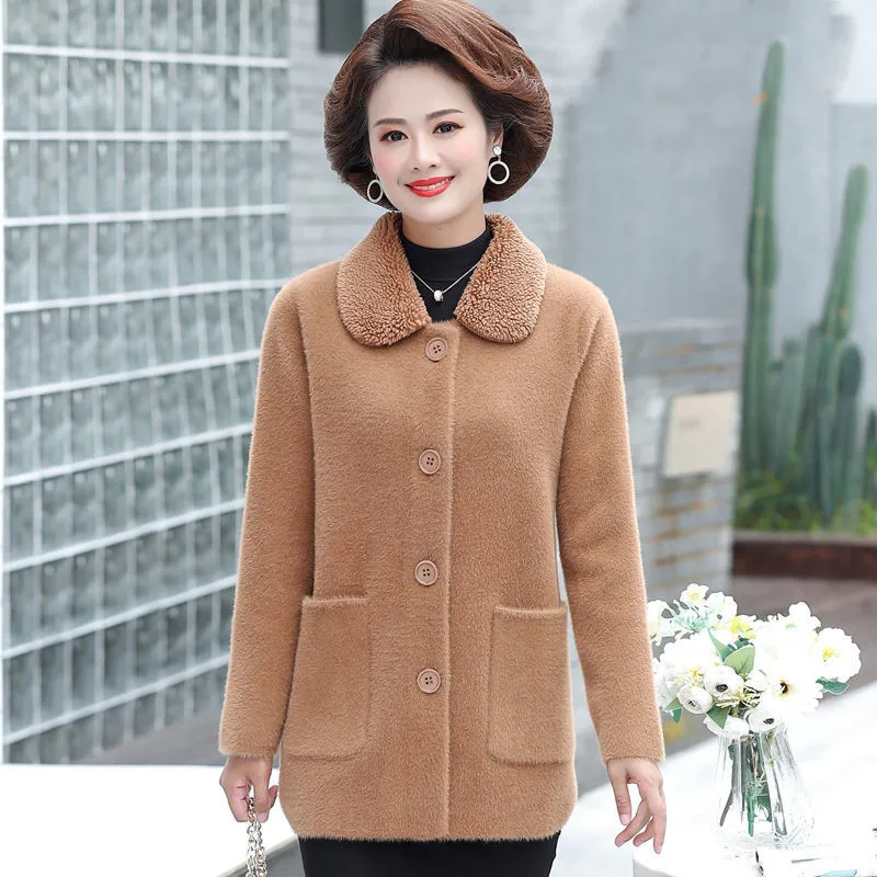 Autumn Winter Sweater Cardigan Jacket New Imitation Mink Velvet Thick Knitted Coat Middle-aged Elderly Female Woolen Coat M-6XL