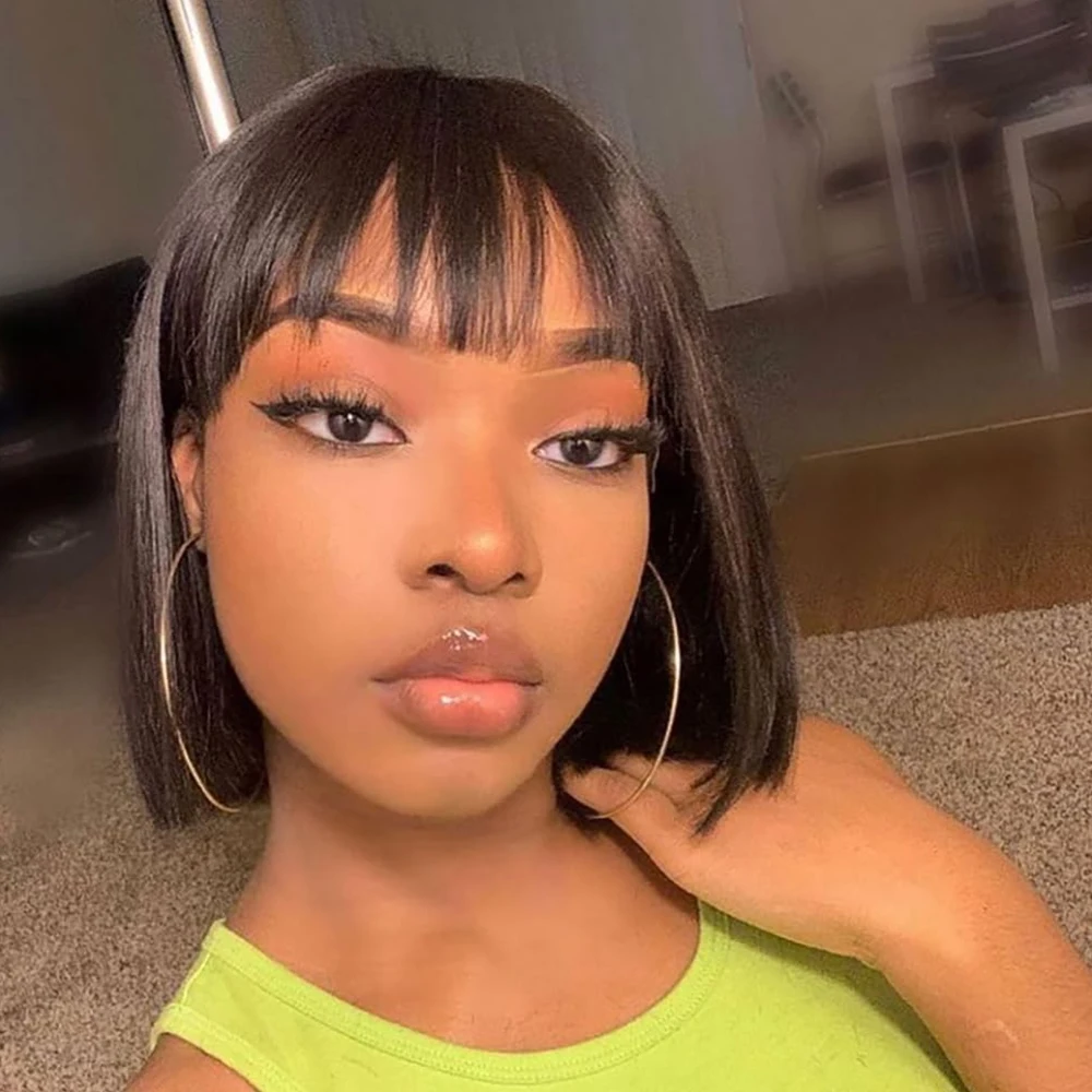 

8-16 Inch Full Machine Made Wig With Bangs Straight Hair Short Bob None Lace Wigs Brazilian Human Hair