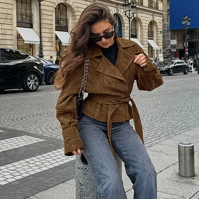 

Talenza Women Lace-up Parker Coats Vintage Solid Casual Commuter Brown Plush Jackets Loose High Street 2025 Autumn Women Outwear
