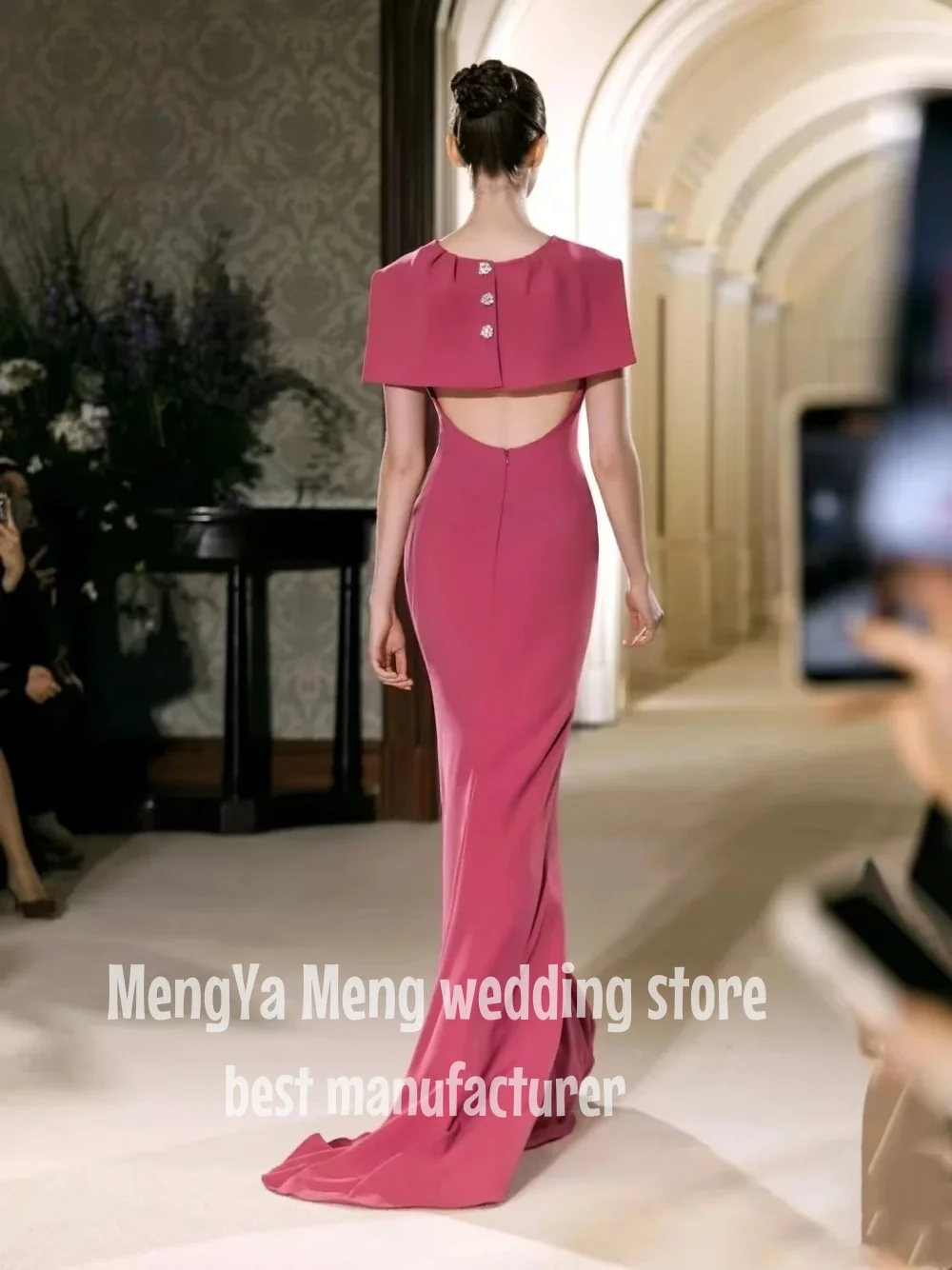 ZHUISHU Fashion Sexy Grand Deep V Neck Evening Gown Winged Shoulder Long Small Train Ball Gown Hot Pink Customized Formal Dress