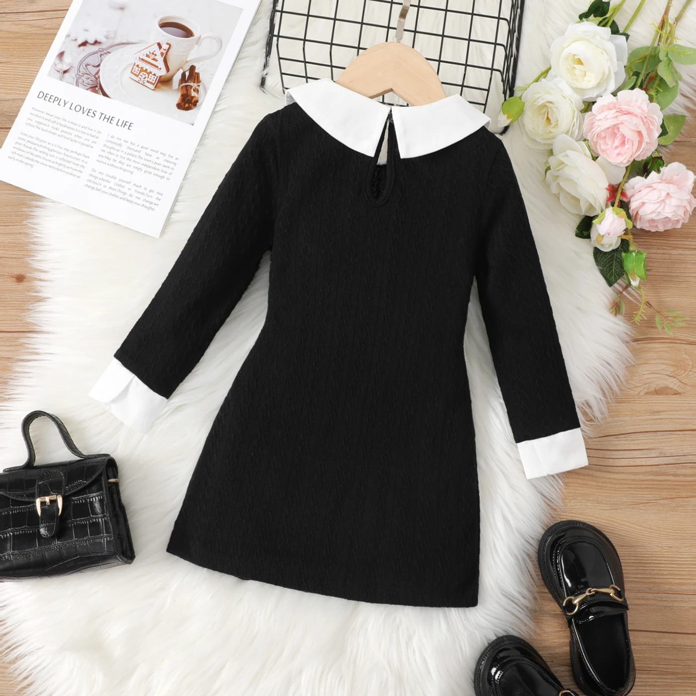 PatPat Kid Girl Avant-garde Solid Color Lapel Design Long Sleeve Dress