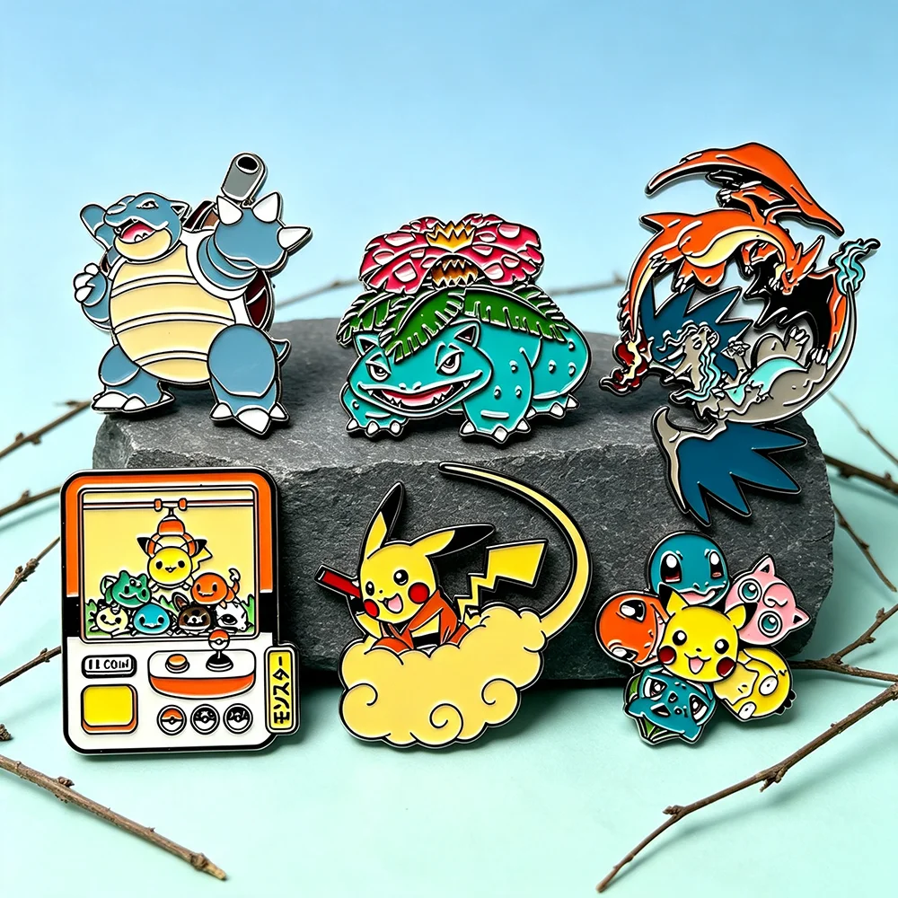 6pcs Anime Enamel Pins Set Cute Japanese Cartoon Blastoise Venusaur Charizard Fantasy Creatures Metal Brooches Gift for Fans