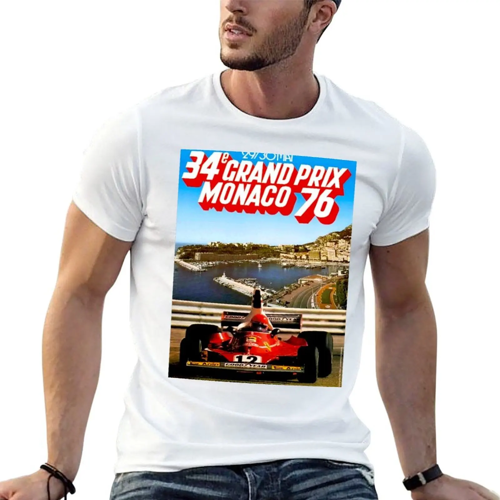 

MONACO : Vintage 1976 Auto Racing Advertising Print T-Shirt cotton tshirt 100% t shirts for man pack white T-Shirt