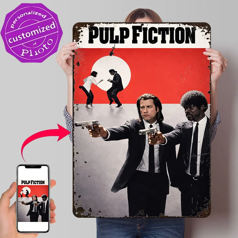 Pulp Fiction Movie 3D Texture Printed Poster Custom Vintage Metal Tin Plate Sign for Wall Art Aesthetic Room Decor Men Man Cave