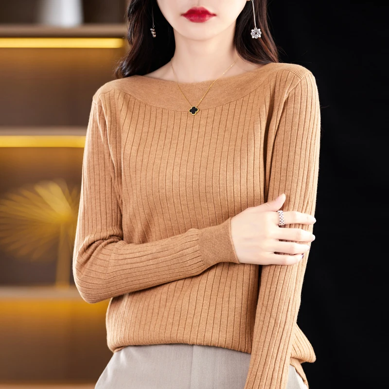 Women\'s Pullover Autumn/Winter New Casual Solid Color Knitwear One-Neck Sweater Ladies Clothes Loose Tops Basic Blouse