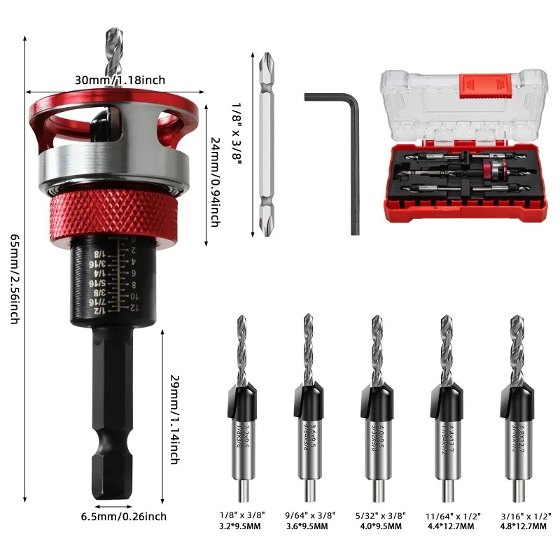 5pcs-set-countersink-drill-bits-set-with-depth-stop-adjustable-countersink-drill-woodworking-countersunk-taper-with-ball-bearing