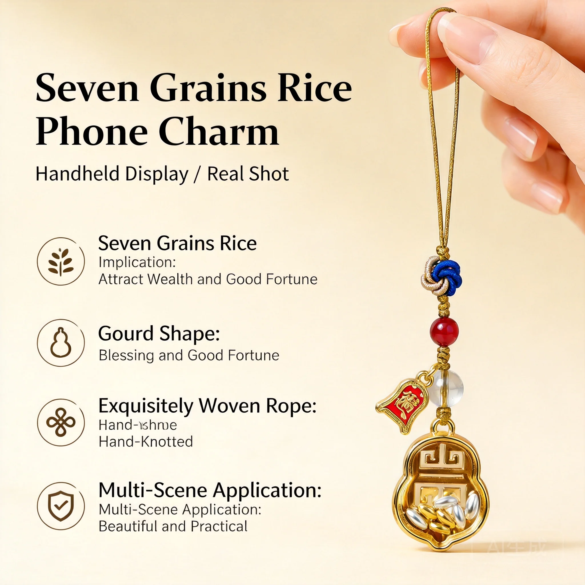 Chinese Style Lucky Gourd Seven Rice Pendant Wealth Attracting Hanging Ornament Hand Woven Keychain Phone Bag Decor Auspicious