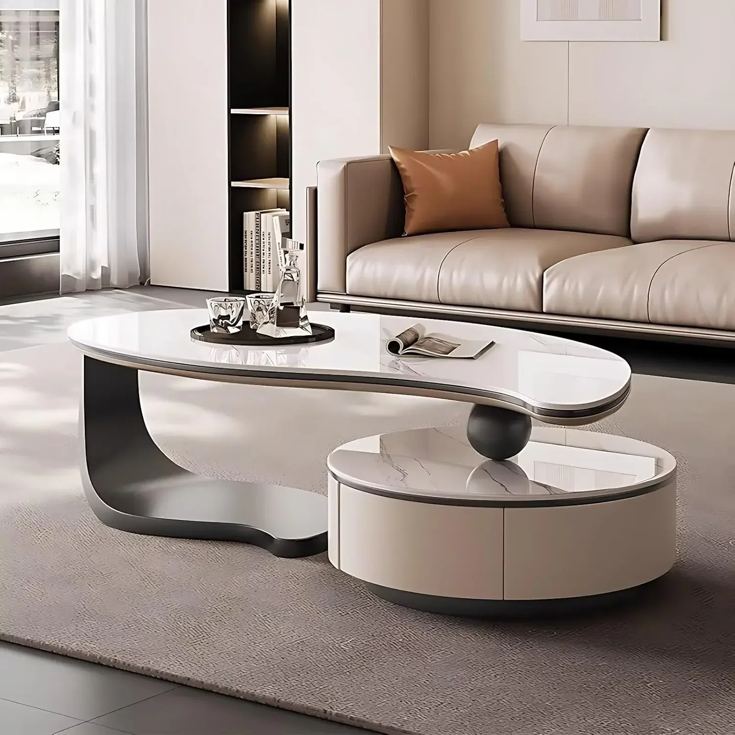 Chinese Coffee Table Storage Drawers Living Room Faux Marble Leaf Shape Coffee Tables Unique Office Computer Room Furniture