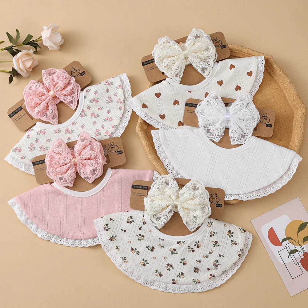 

2 шт./компл., корейские повязки на голову с кружевом и бантом принцессы, детские нагрудники с цветочным принтом, винтажное полотенце на пуговицах для новорожденных девочек, полотенце для кормления отрыжкой