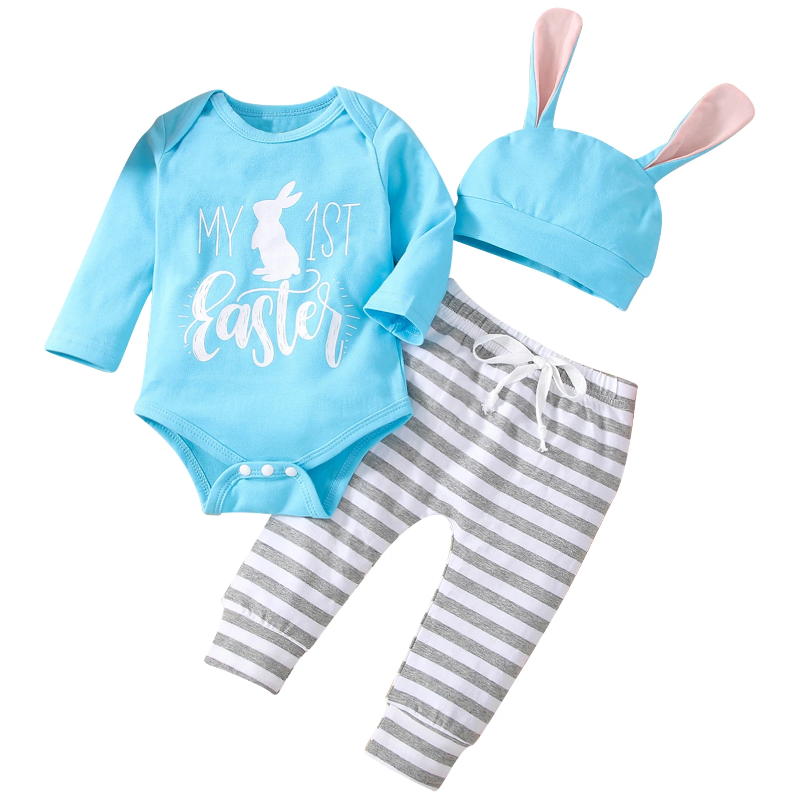 Baby Girls Easter Party Outfit Christening Birthday Rompers Set Long Sleeve Cute Rabbit Letter Print Bodysuit with Pants Hat