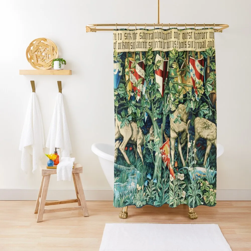

Holy Grail Tapestry,Verdure with Deers,and Shields in Green Floral Shower Curtain Transparent Bathroom Shower Curtain