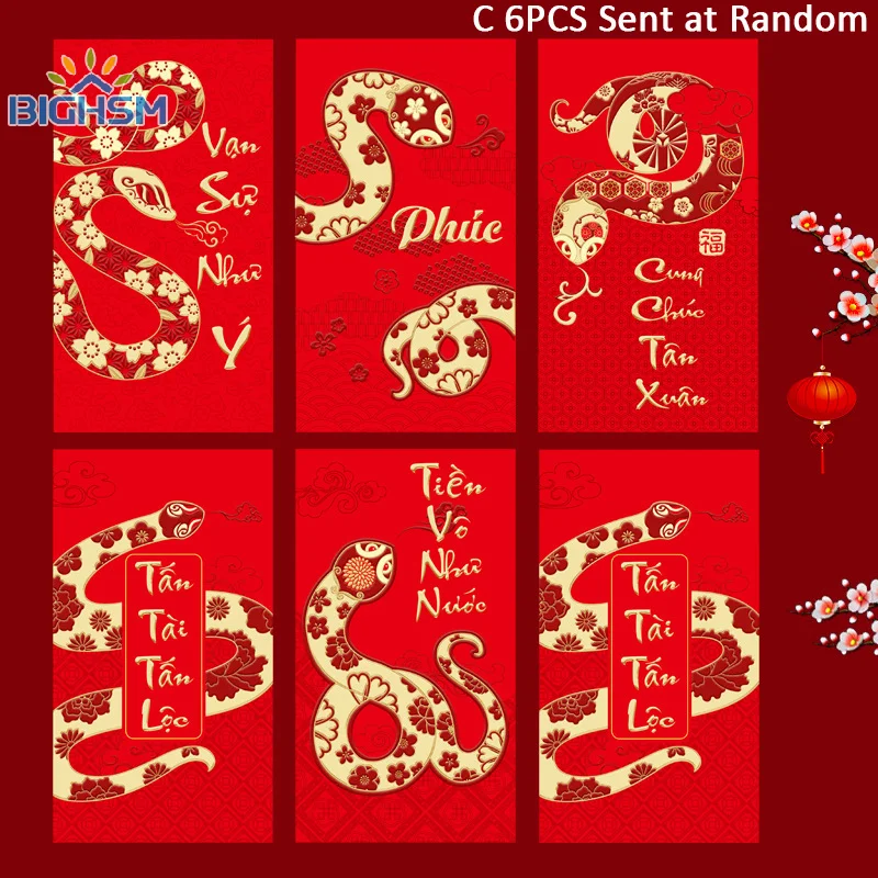6Pcs 2025 Year Of The Snake Spring Festival Red Envelope New Gift Chinese Zodiac Lucky Lunar Vietnamese Money Pockets