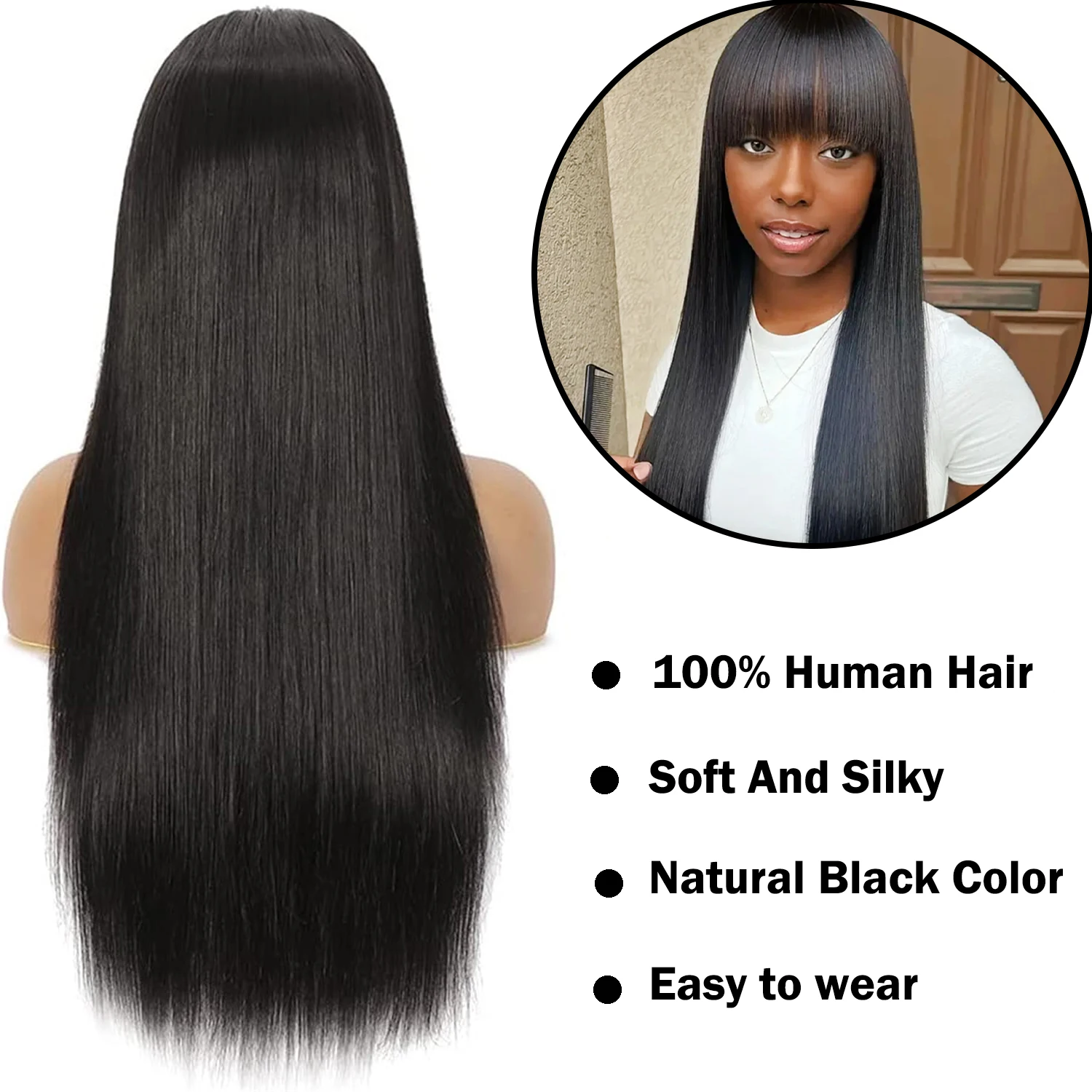 Parrucca diritta per capelli umani per donna Parrucca brasiliana per capelli Remy con botto Parrucca fatta a macchina con densità del 180% con frangia Colore naturale