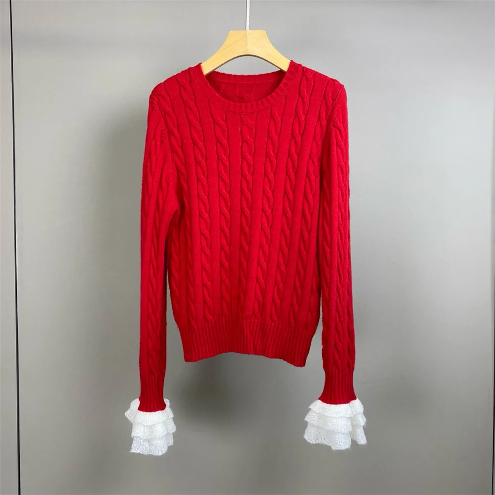 

Women's 25 Autumn/Winter New Round Neck Contrast Lace Sleeve Pure Wool Knitted Fashion Casual Pullover