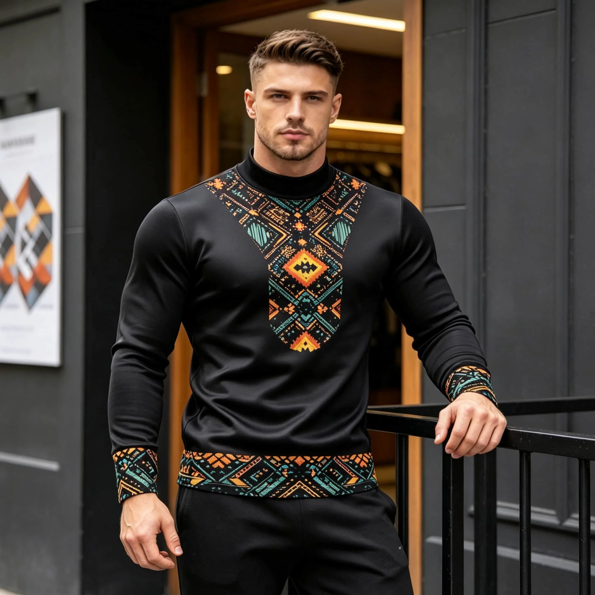 Retro Tribal‑Art Accent Mock Neck Long Sleeve Tee Men’s Solid Black  Ethnic Geometric Statement Detail Pullover