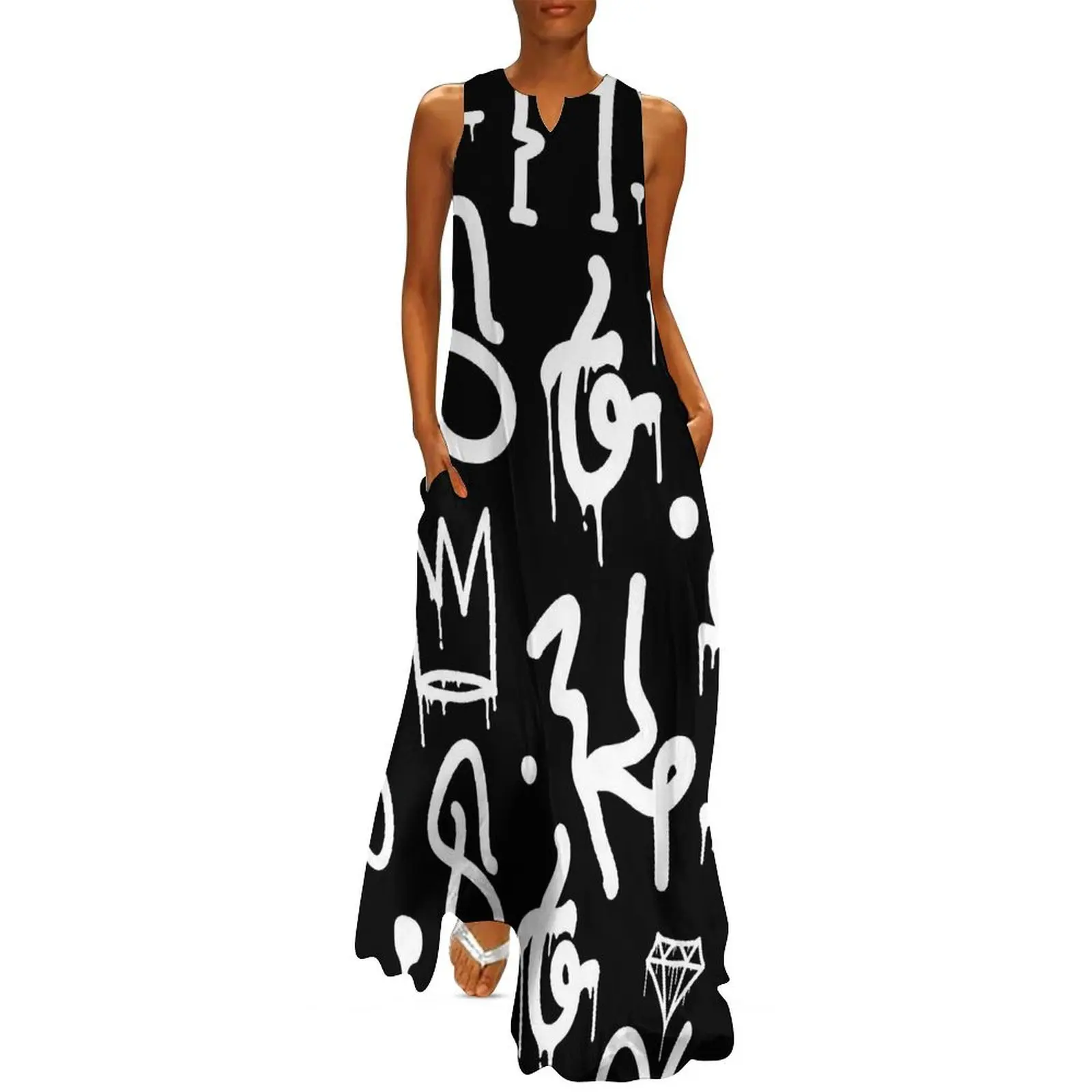 

Black And White Graffiti Dress Summer Abstract Symbol Street Fashion Boho Beach Long Dresses Woman Party Maxi Dress Gift Idea