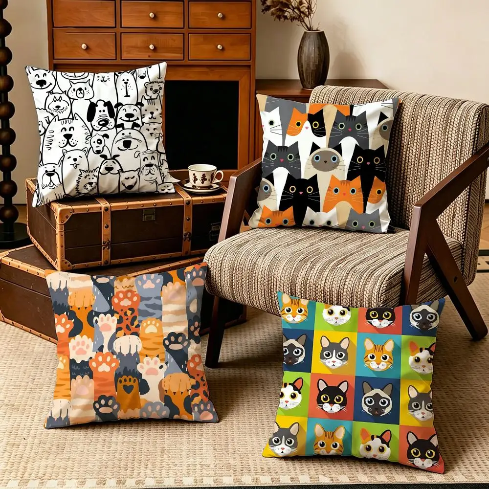 Pattern All Over Kitten Print Cushion Cover Soft Velvet 50x50 45x45 Zipper Pillowcase Home Decor