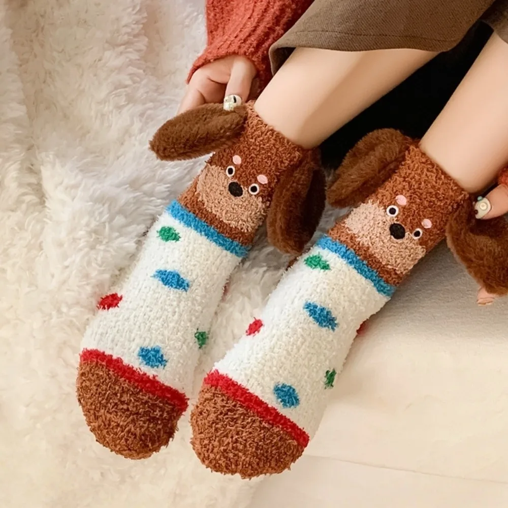 

Sweet Stripe Puppy Ears Coral Fleece Socks Warm Dog Thicken Velvet Socks Soft Polka Dot Floor Socks Girls