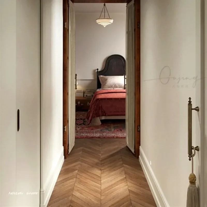 سرير فردي من الخشب الصلب الفرنسي القديم مزدوج بسيط لغرفة النوم الأوروبية سرير كلاسيكي عالي الظهر من خشب البلوط الأسود #3