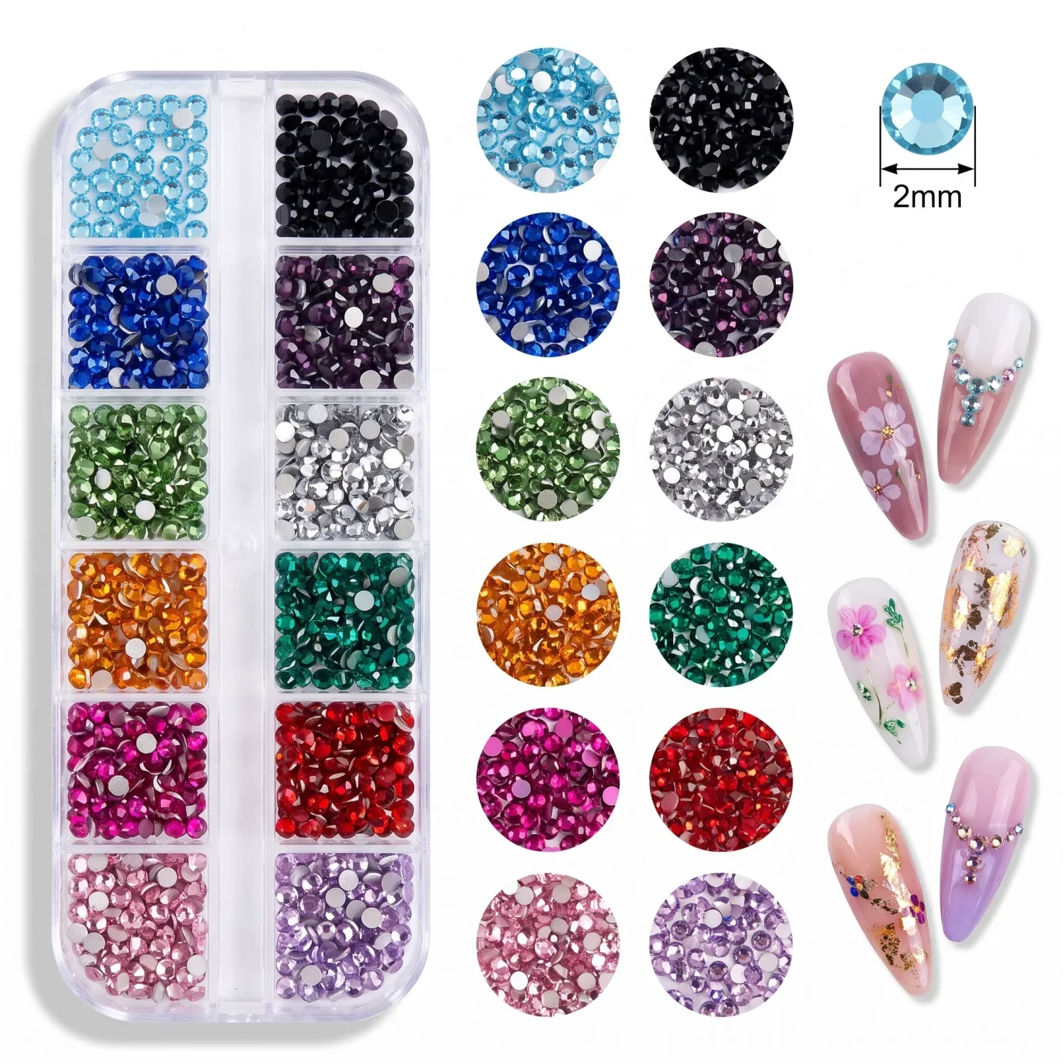 12 Gitter Acryl-Strasssteine für Nägel, 2mm Mini Bunte Strass-Nageldekorationen, Handgefertigte DIY Kristall-Nagelsteine