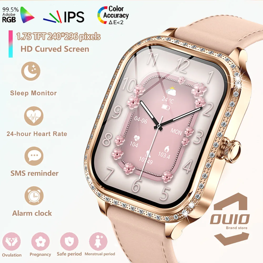 New Fashion Women Smart Watch 1.75inch Curved Screen Sports Bracelet BT HD Calling Clock IP68 Waterproof Diamond Case Smartwatch