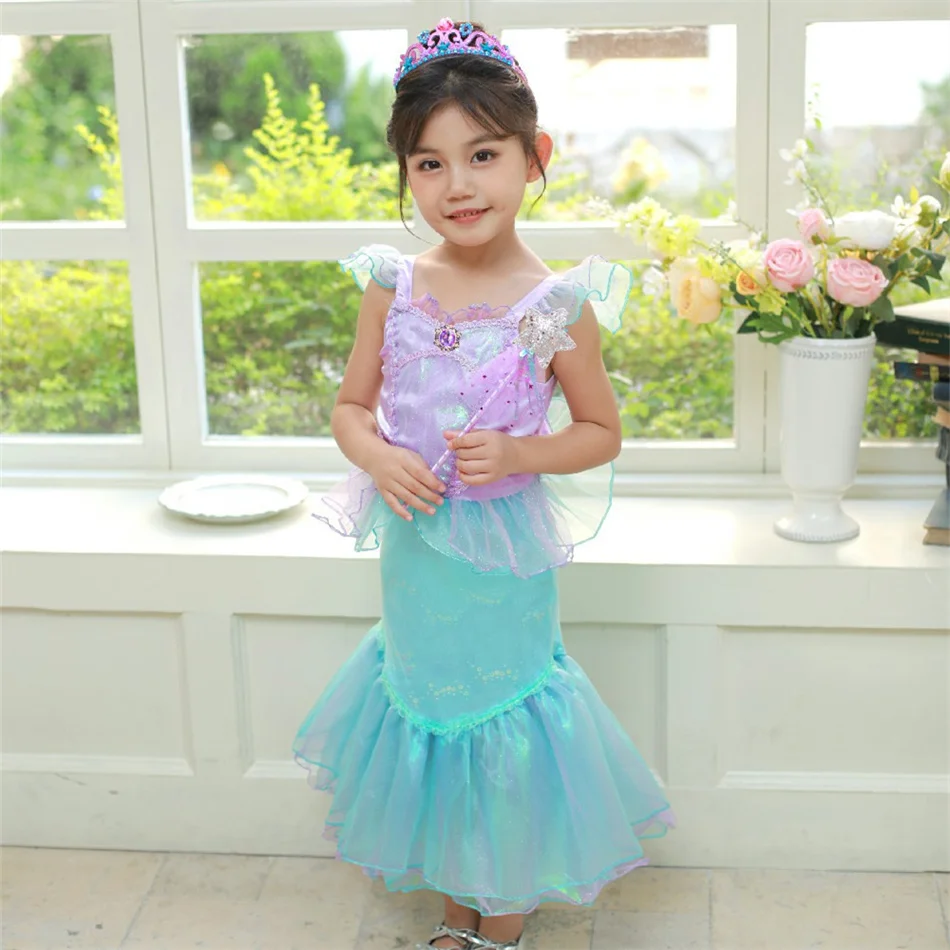 Girls Mermaid Birthday Party Princess Dress Ariel Cosplay Carnival Halloween Costume Kids Ruffles Fantasy Fishtail Elegant Gown