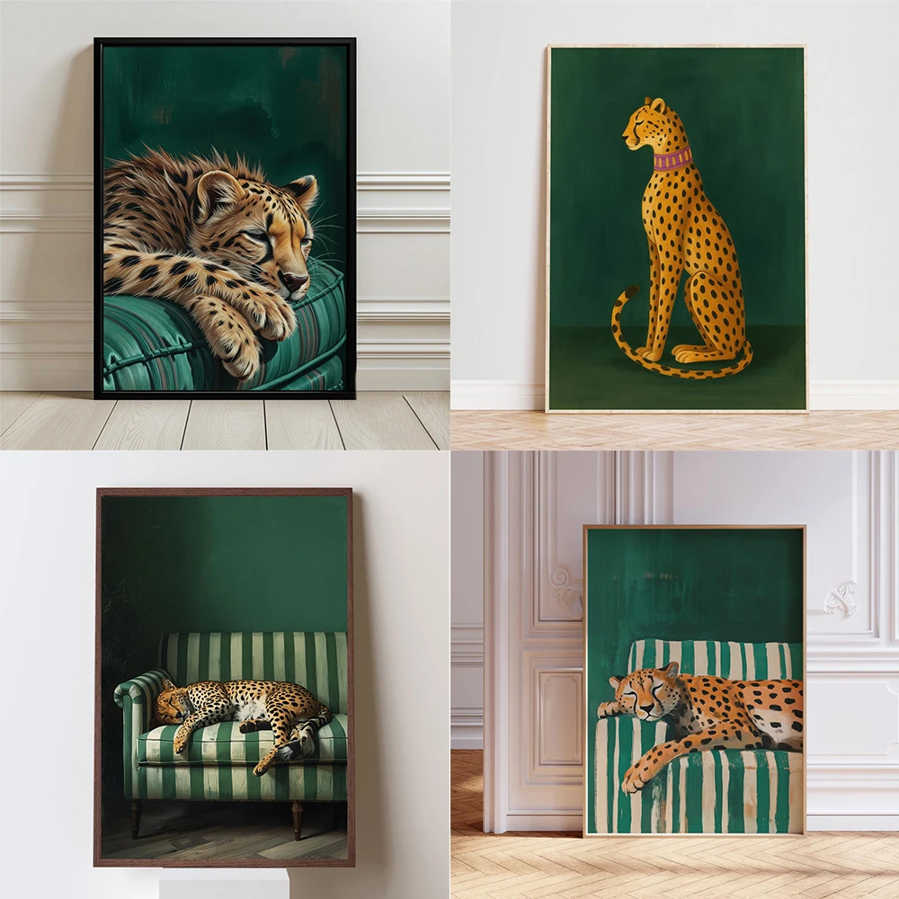 Sleepy Leopard Poster Cheetah Wall Art Maximalist Home Decor Emerald Green Modern Art  Leopard Print Home Wall Decor