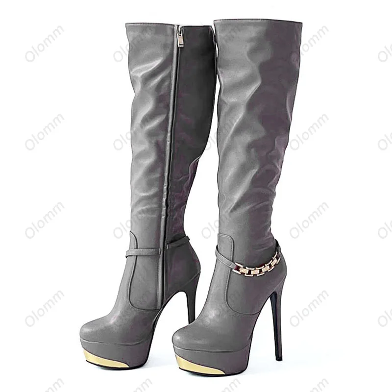 Olomm New Arrival Women Platform Knee Boots Sexy Thin High Heels Round Toe Nice Burgundy Party Shoes Ladies US Plus Size 5-20