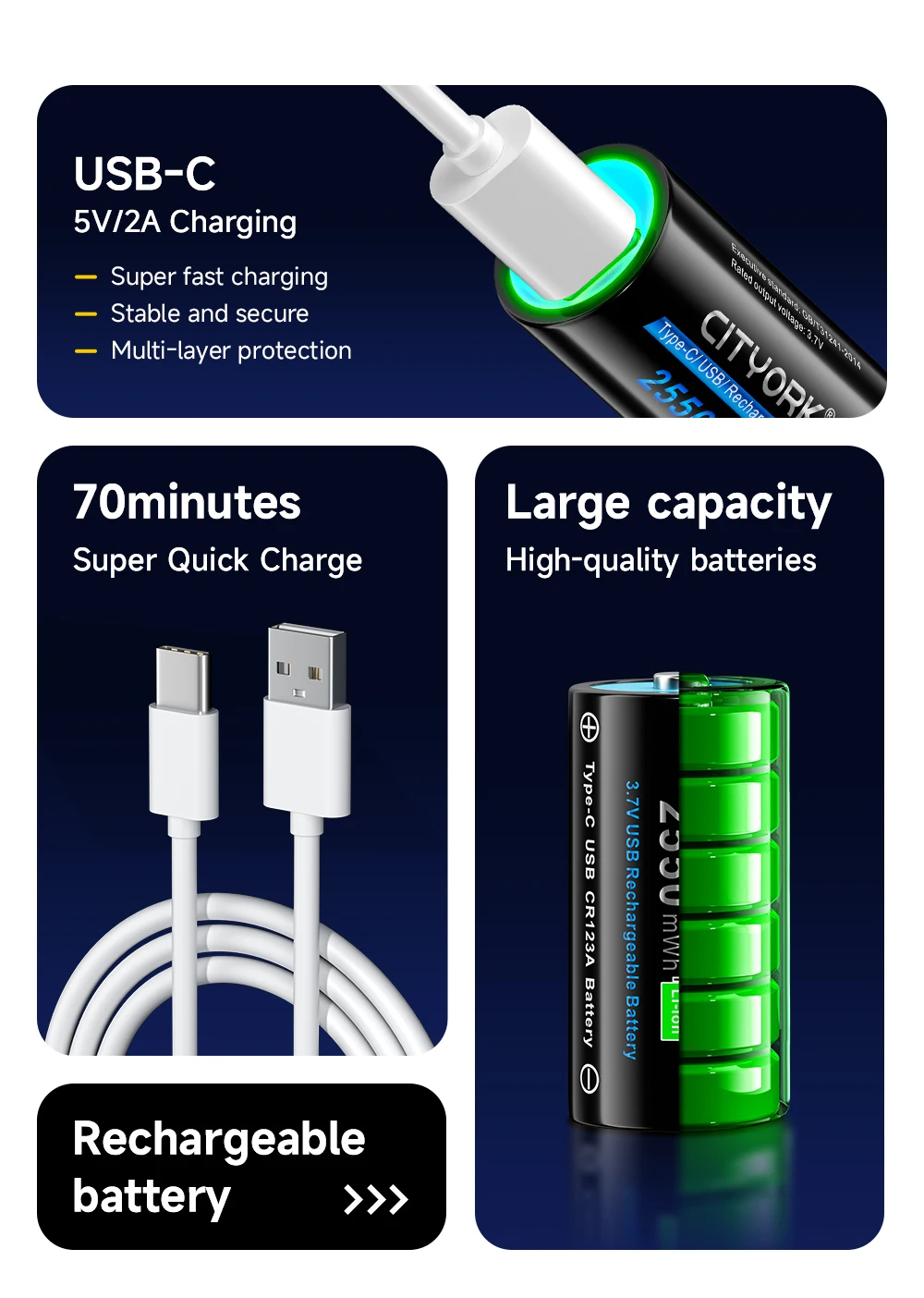 CITYORK CR123A Akku 2550 mWh 3,7 V wiederaufladbare Li-Ion 16340 Akkus 16350 RCR123 Akku für LED-Taschenlampe + USB-Typ-C-Kabel – Detail 2