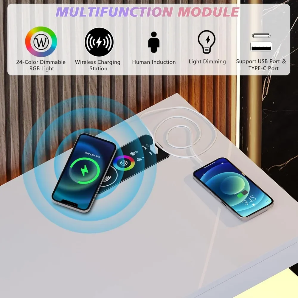 TV Stand 24-Color RGB, Auto Sensor LED Entertainment Center with Wireless Charging Station & Large Storage Cabinet, TV Stand