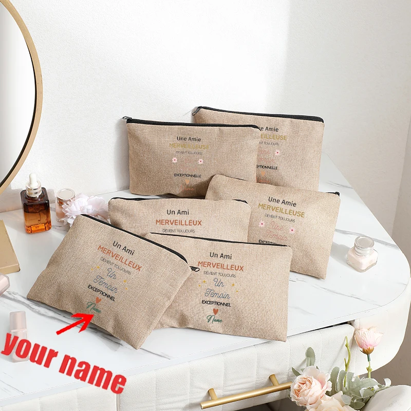

Customizable Name Wedding Witness Patterns Jute Zipper Cosmetic Makeup Bag Travel Organizer Bridesmaid Announcement Request Gift