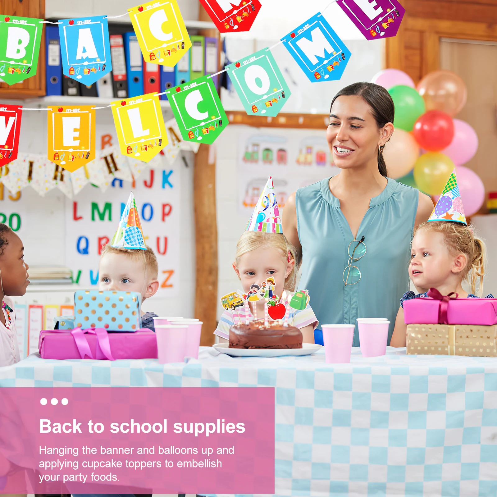 

1Set Back to School Balloon Banner Decorations Set Exquisite Craft Cupcake Toppers Welcome Back Party Celebration