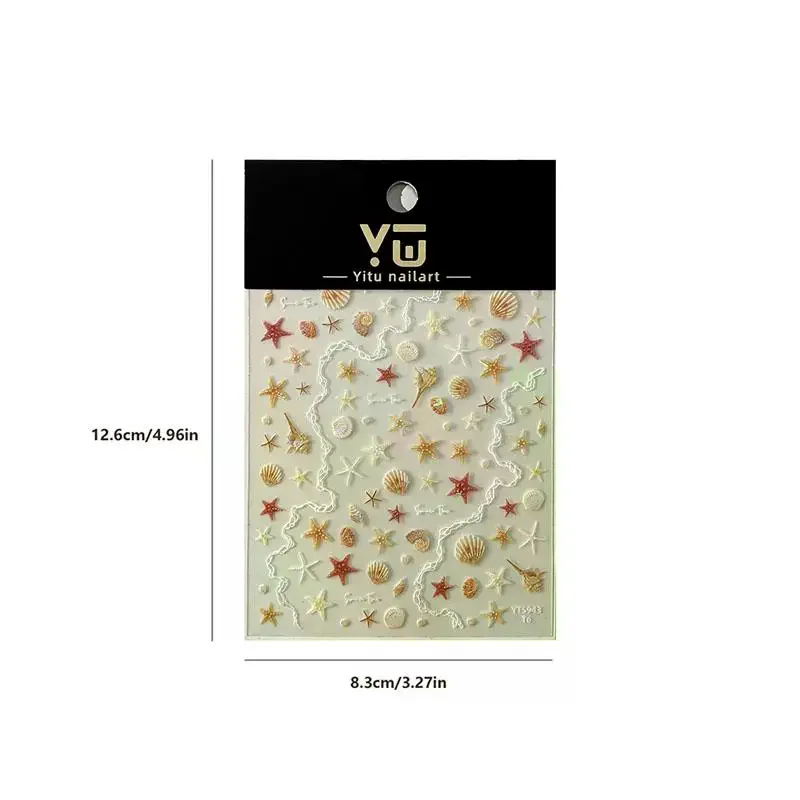 สติกเกอร์ติดเล็บลายเปลือกหอยทะเล 5D 1 แผ่น สติกเกอร์เล็บลายปลาดาวนูนเงา ตกแต่งเล็บลายทะเลชายหาดฤดูร้อน