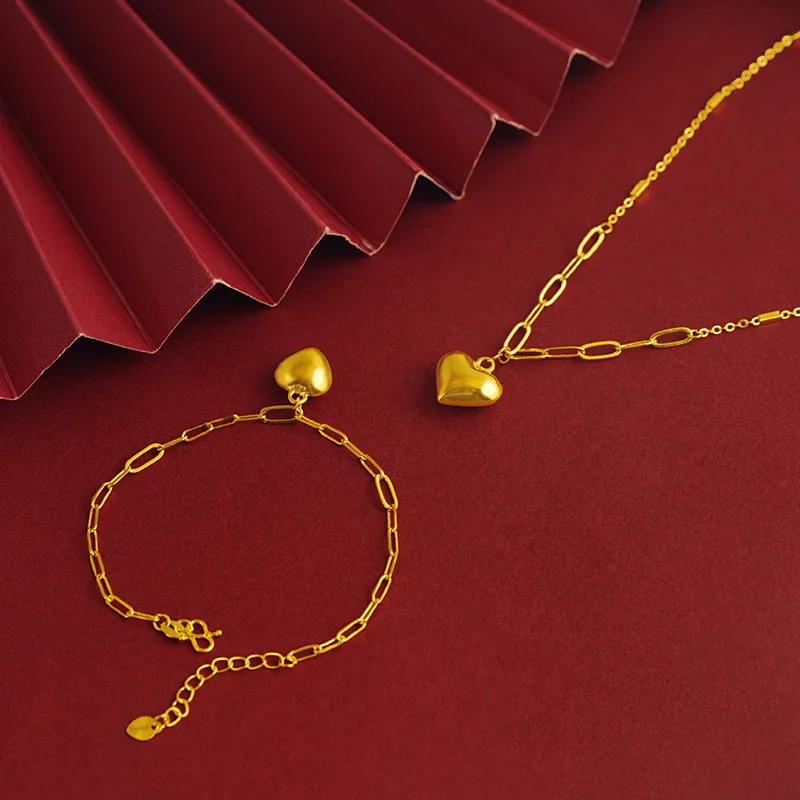 Luxury 24K 9999 Pure Gold real gold Simple 3D Love Necklace suit Heart Bracelet