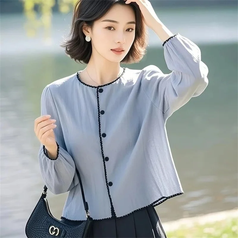 Sehr schönes Damen-Hemd, neu, 2025, Frühling, Sommer, Rundhalsausschnitt, blaues Ingwer-Hemd, Mantel, Oberteil, eleganter Sonnenschutz-Mantel, Jacke, weiblich