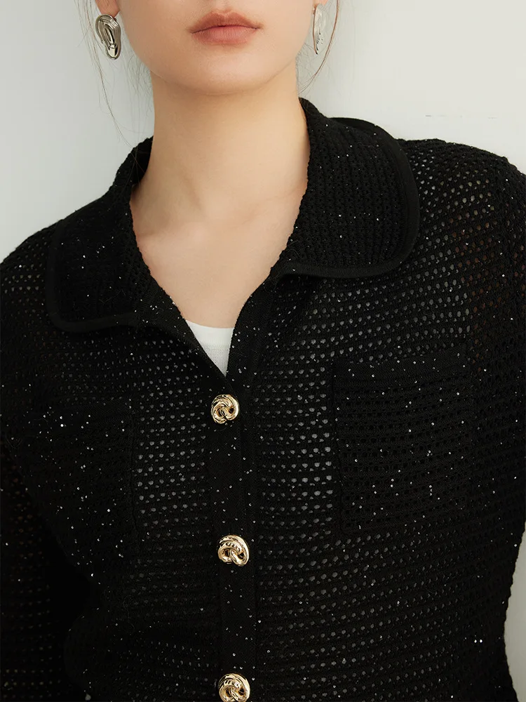 SuyaDream, Women Black Cardigans, 32.4%Wool, Turn Down Collar, Hellow Out Chic Sweaters, 2024 Fall Winter Jackets