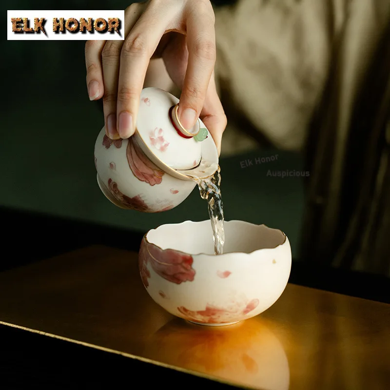 110ml Gold Drawing Hand-painted Red Fish Algae Gaiwan Japanese Tea Tureen Tea Bowl With Lid Kit Tea Making Cover Bowl Teaware